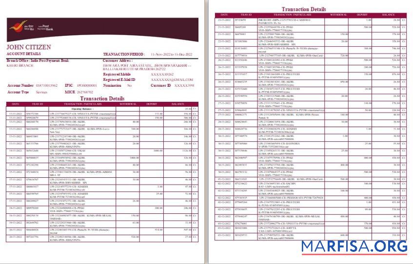 Realistic India Post Payments bank statement word 4 pages template
